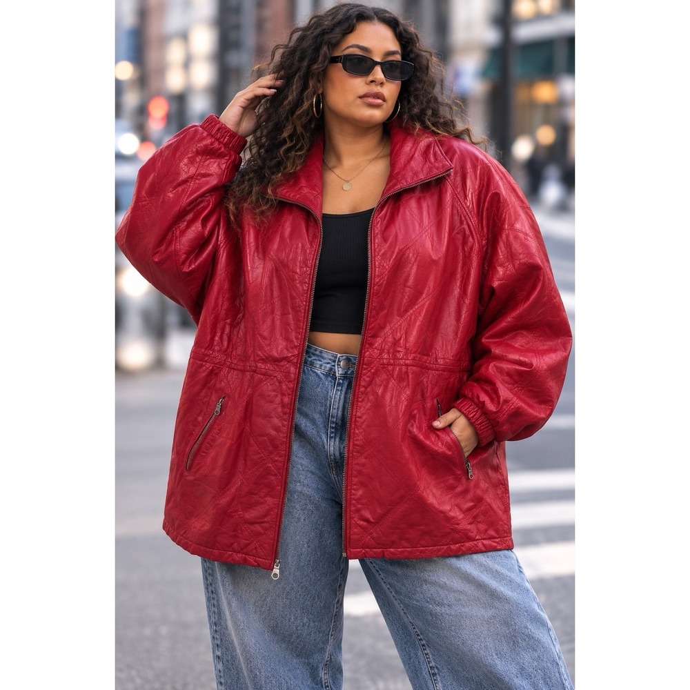 Vintage 90s Red Leather Jacket Womens Size 14/16 Quilted Oversized Climate Zone